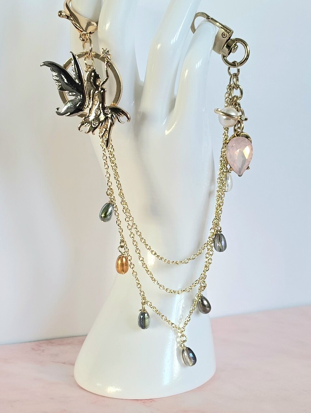 Fairy Princess Charm Chain, Gold Tone Beaded Bag Charm Accessory (12" Long)